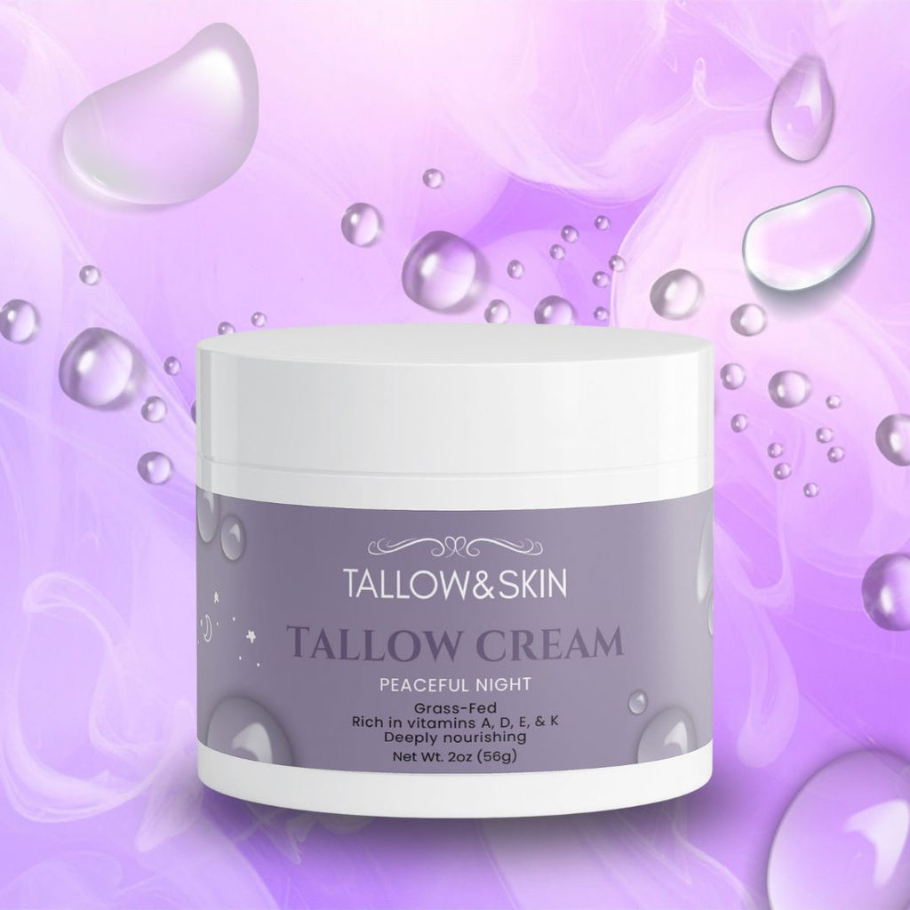 tallow night cream with moisturizing bubbles and a pastel lavender background