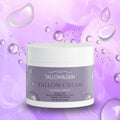 tallow night cream with moisturizing bubbles and a pastel lavender background
